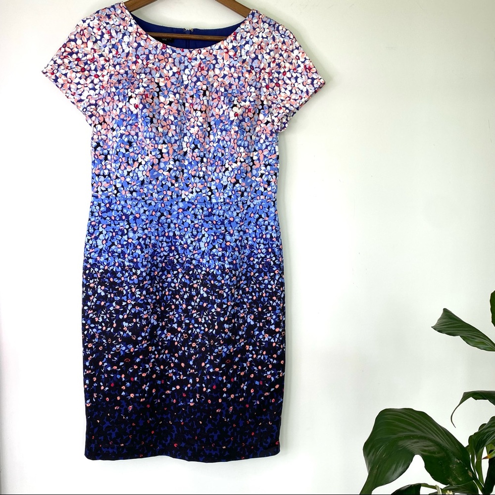 Talbots midi dress with crew neckline and cap sleeves, floral ombré